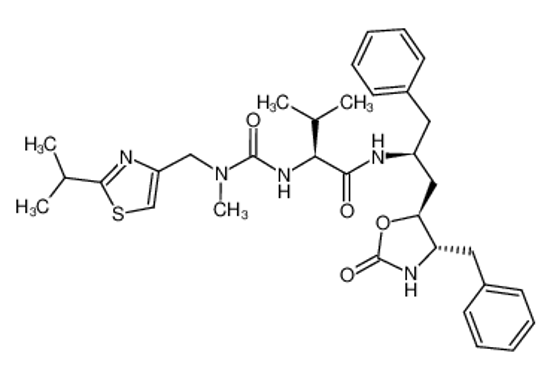 Picture of (2S)-N-(((1S)-1-benzyl-2-((4S,5S)-4-benzyl-2-oxo-1,3-oxazolidin-5-yl)ethyl)-2-((((2-isopropyl-1,3-thiazol-4-yl)methyl)N-methyl-amino)carbonyl)amino)-3-methylbutanamide