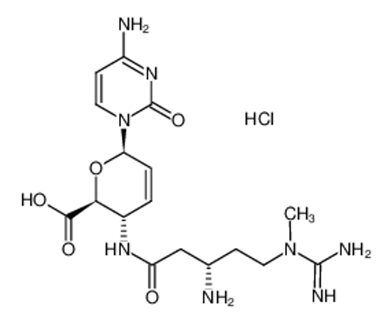 Picture of (2S,3S,6R)-3-[[(3R)-3-amino-5-[carbamimidoyl(methyl)amino]pentanoyl]amino]-6-(4-amino-2-oxopyrimidin-1-yl)-3,6-dihydro-2H-pyran-2-carboxylic acid,hydrochloride