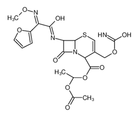 Imagem de 1-acetyloxyethyl (6R,7R)-3-(carbamoyloxymethyl)-7-[[(2Z)-2-(furan-2-yl)-2-methoxyiminoacetyl]amino]-8-oxo-5-thia-1-azabicyclo[4.2.0]oct-3-ene-2-carboxylate