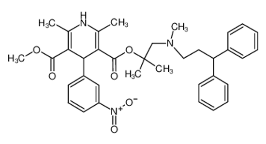 Picture of 5-O-[1-[3,3-diphenylpropyl(methyl)amino]-2-methylpropan-2-yl] 3-O-methyl 2,6-dimethyl-4-(3-nitrophenyl)-1,4-dihydropyridine-3,5-dicarboxylate
