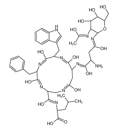 Picture of (2S)-2-[[(3S,6S,9S,12S)-12-[[(2S)-4-[[(2R,3R,4R,5S,6R)-3-acetamido-4,5-dihydroxy-6-(hydroxymethyl)oxan-2-yl]amino]-2-amino-4-oxobutanoyl]amino]-6-benzyl-9-(1H-indol-3-ylmethyl)-5,8,11,14-tetraoxo-1,4,7,10-tetrazacyclotetradecane-3-carbonyl]amino]-4-methyl