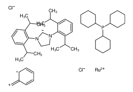 Picture of benzylidene(dichloro)ruthenium,1,3-bis[2,6-di(propan-2-yl)phenyl]imidazolidin-2-ide,tricyclohexylphosphane