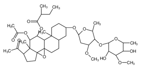 Picture of 12-acetoxy-1-acetyl-8-((5-((3,5-dihydroxy-4-methoxy-6-methyltetrahydro-2H-pyran-2-yl)oxy)-4-methoxy-6-methyltetrahydro-2H-pyran-2-yl)oxy)-10a,12a-dimethyltetradecahydro-1H-cyclopenta[1,2]phenanthro[1,10a-b]oxiren-11-yl 2-methylbutanoate