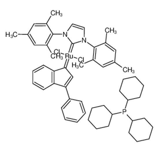 Picture of [1,3-bis(2,4,6-trimethylphenyl)imidazol-2-ylidene]-dichloro-(3-phenylinden-1-ylidene)ruthenium,tricyclohexylphosphane