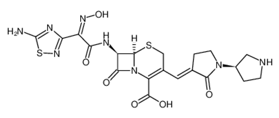 Picture of (6R,7R)-7-[[(2Z)-2-(5-amino-1,2,4-thiadiazol-3-ylidene)-2-nitrosoacetyl]amino]-8-oxo-3-[(E)-[2-oxo-1-[(3R)-pyrrolidin-3-yl]pyrrolidin-3-ylidene]methyl]-5-thia-1-azabicyclo[4.2.0]oct-2-ene-2-carboxylic acid