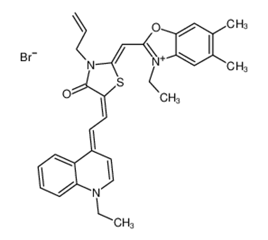 Picture of 2-[(3-ethyl-5,6-dimethyl-1,3-benzoxazol-2-ylidene)methyl]-5-[2-(1-ethylquinolin-4-ylidene)ethylidene]-3-prop-2-enyl-1,3-thiazol-3-ium-4-one,bromide