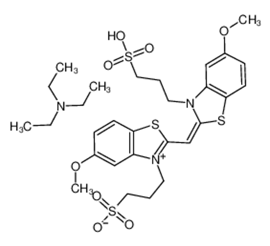 Picture of hydrogen 5-methoxy-2-[[5-methoxy-3-(3-sulphonatopropyl)-3H-benzothiazol-2-ylidene]methyl]-3-(3-sulphonatopropyl)benzothiazolium, compound with triethylamine (1:1)