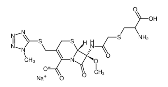 Picture of (6R-(6-α,7-α))-7-((((2-Amino-2-carboxyethyl)thio)acetyl)amino)-7-methoxy-3-(((1-methyl-1H-tetrazol-5-yl)thio)methyl)-8-oxo-5-thia-1-azabicyclo(4.2.0)oct-2-ene-2-carboxylic acid monosodium salt