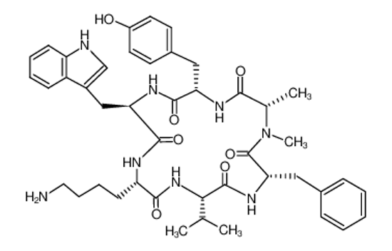 Picture of (2S)-6-amino-2-[[(2R)-2-[[(2S)-3-(4-hydroxyphenyl)-2-[[(2S)-2-(methylideneamino)propanoyl]amino]propanoyl]amino]-3-(1H-indol-3-yl)propanoyl]amino]-N-[(2S)-3-methyl-1-oxo-1-[[(2S)-1-oxo-3-phenylpropan-2-yl]amino]butan-2-yl]hexanamide