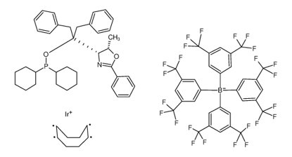 Изображение ((4S,5S)-(-)-O-[1-Benzyl-1-(5-methyl-2-phenyl-4,5-dihydrooxazol-4-yl)-2-phenylethyl]-dicyclohexylphosphinite)(1,5-COD)iridium(I) tetrakis(3,5-bis(trifluoromethyl)phenylborate, min. 97% (S,S)-[COD]Ir[c