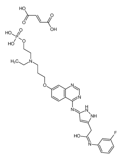 Picture of 2-{Ethyl[3-({4-[(3-{2-[(3-fluorophenyl)amino]-2-oxoethyl}-1H-pyra zol-5-yl)amino]-7-quinazolinyl}oxy)propyl]amino}ethyl dihydrogen phosphate (2E)-2-butenedioate (1:1)