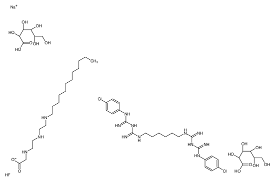 Picture of sodium,(1E)-2-[6-[[amino-[(E)-[amino-(4-chloroanilino)methylidene]amino]methylidene]amino]hexyl]-1-[amino-(4-chloroanilino)methylidene]guanidine,2-[2-[2-(dodecylamino)ethylamino]ethylamino]acetic acid,(2R,3S,4R,5R)-2,3,4,5,6-pentahydroxyhexanoic acid,fluo