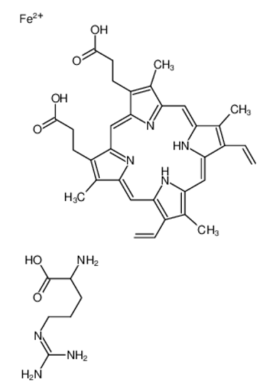 Picture of (2S)-2-amino-5-(diaminomethylideneamino)pentanoic acid,3-[18-(2-carboxyethyl)-8,13-bis(ethenyl)-3,7,12,17-tetramethyl-22,23-dihydroporphyrin-2-yl]propanoic acid,iron(2+)