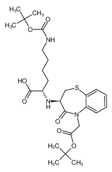 Picture of tert-butyl 3(R)-[5-tert-butoxycarbonylamino-1(S)-carboxypentyl]amino-4-oxo-2,3,4,5-tetrahydro-1,5-benzothiazepine-5-acetate